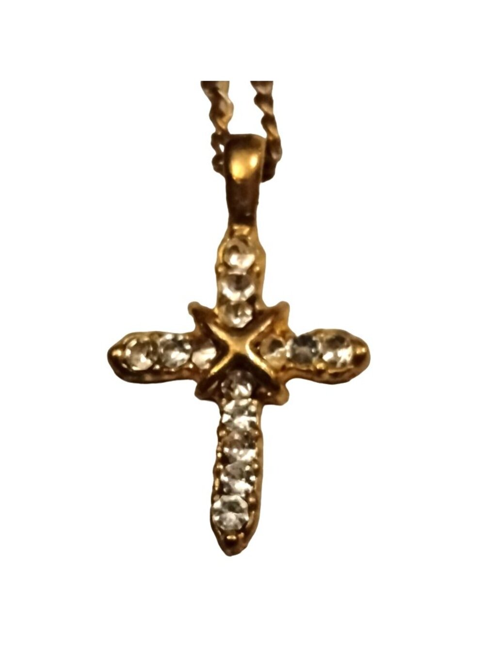 Vintage Cross Pendant Necklace Gold Tone Chain Rhinestone